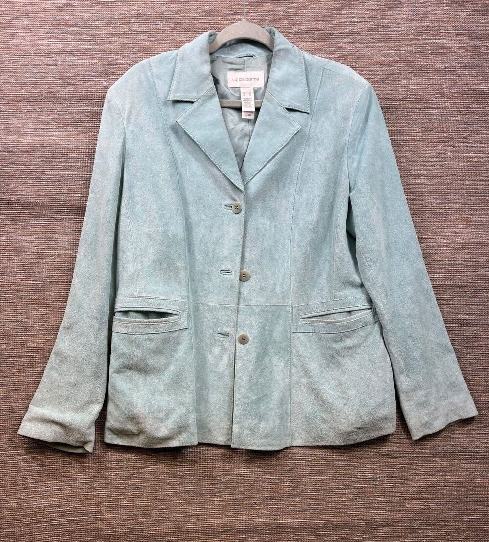Liz Claiborne Blazer Womens Sz XL Blue Suede 3 Button Lined Career Office Jacket